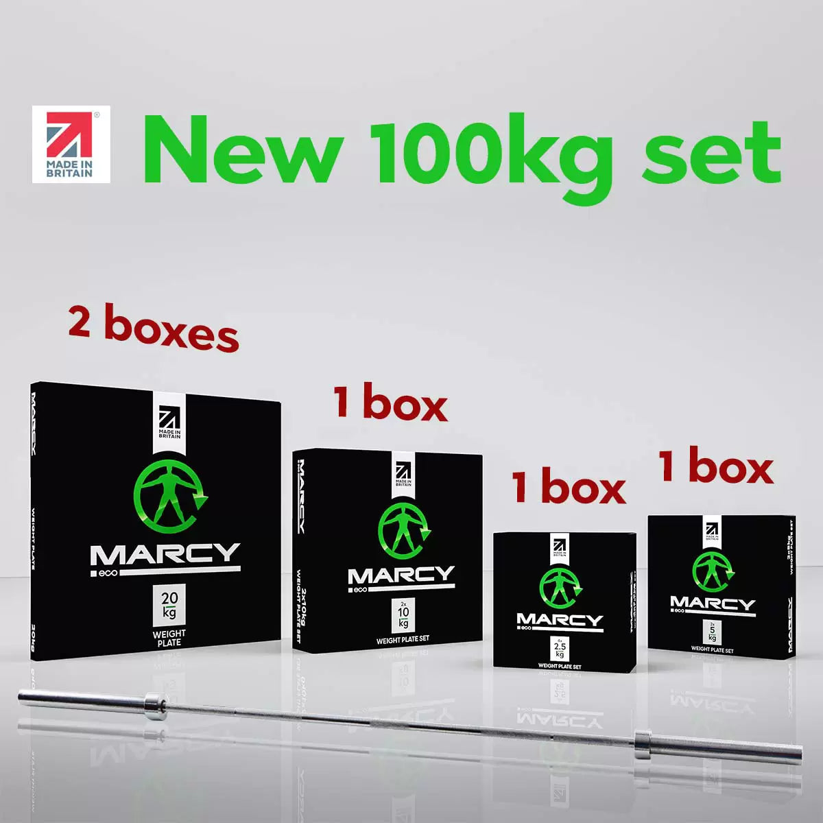 Marcy Eco Olympic 100kg Weight Set with 7ft Barbell – Made in Britain | Home Gym Strength Training