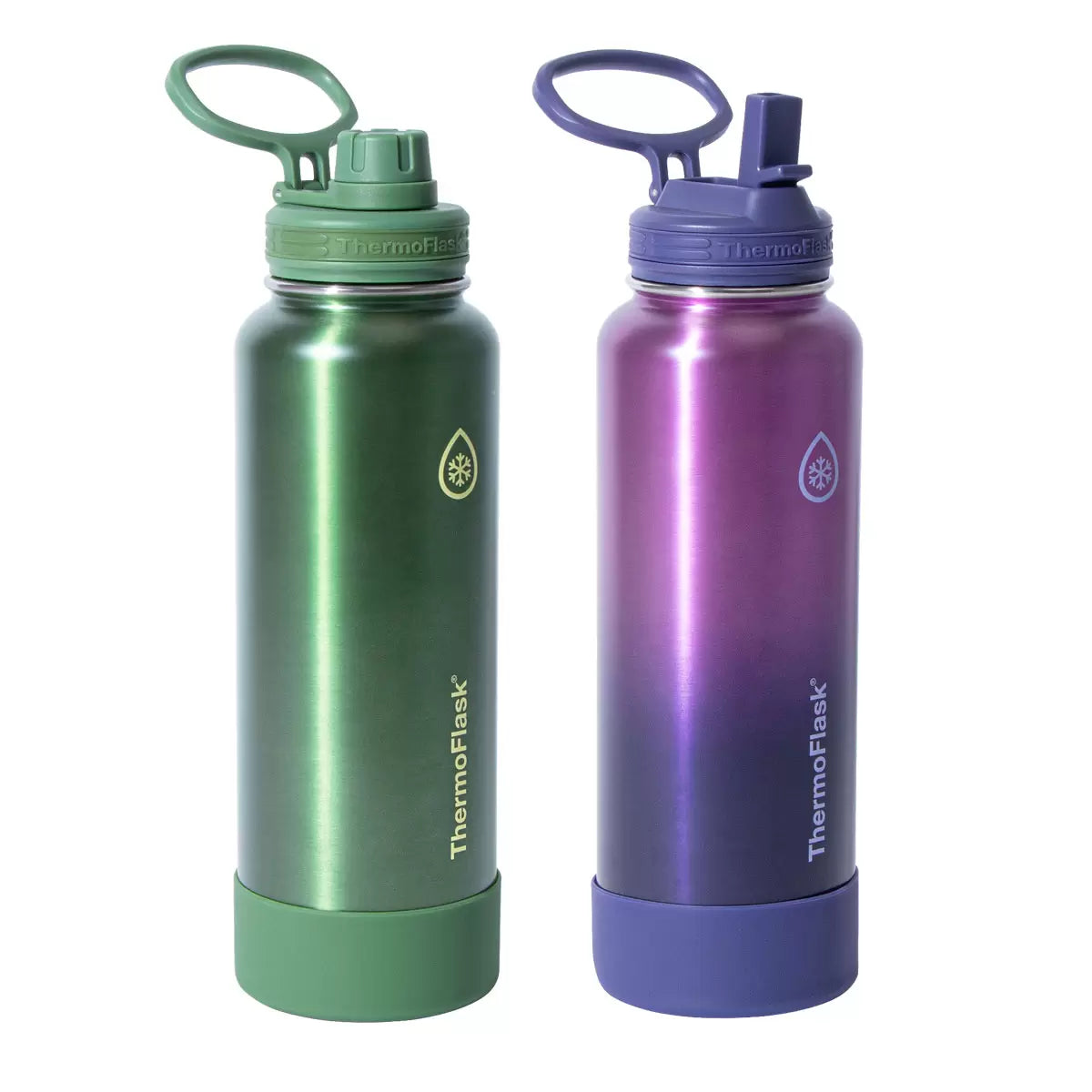 ThermoFlask Stainless Steel Water Bottle 1.2L, 2 Pack in Green & Purple Colour