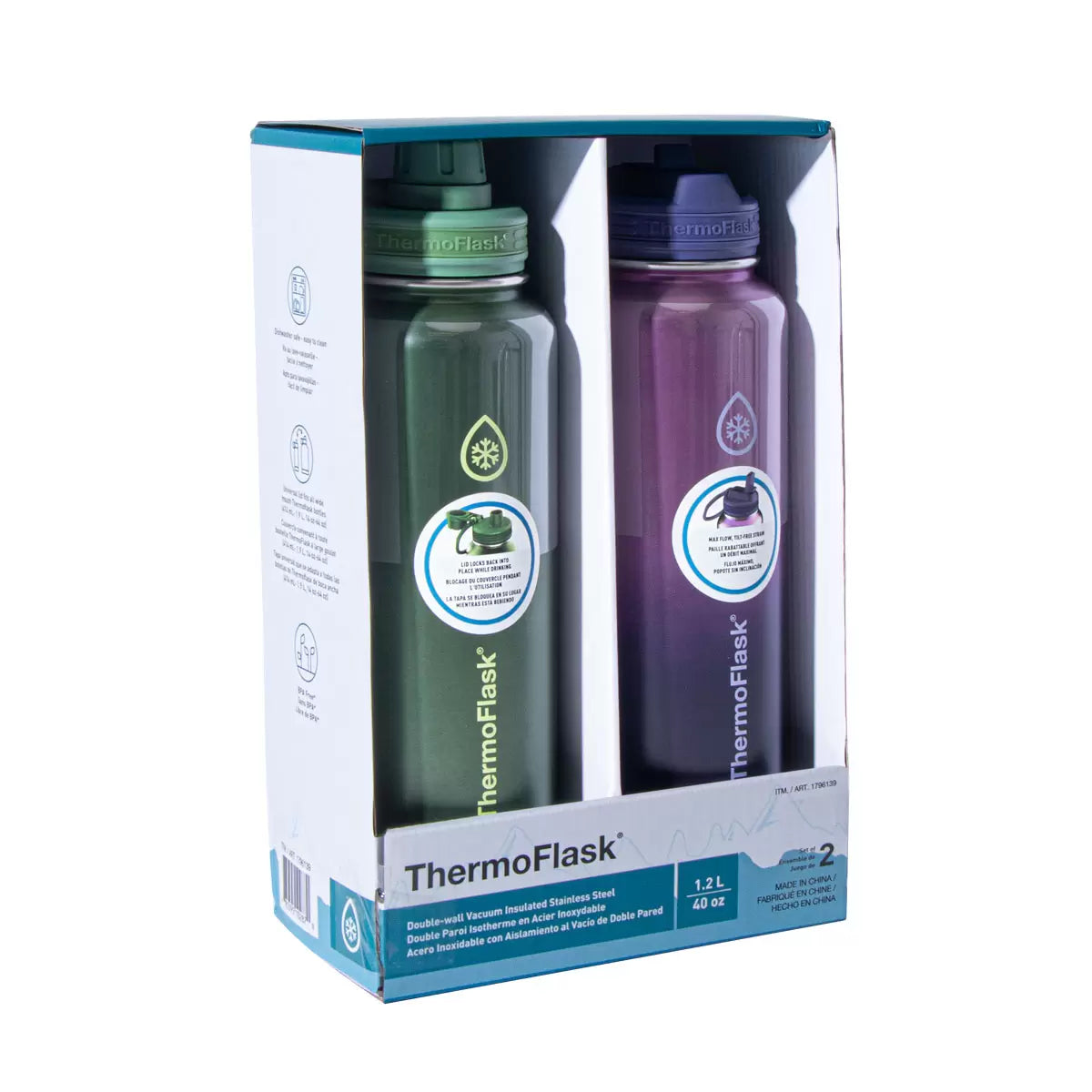 ThermoFlask Stainless Steel Water Bottle 1.2L, 2 Pack in Green & Purple Colour