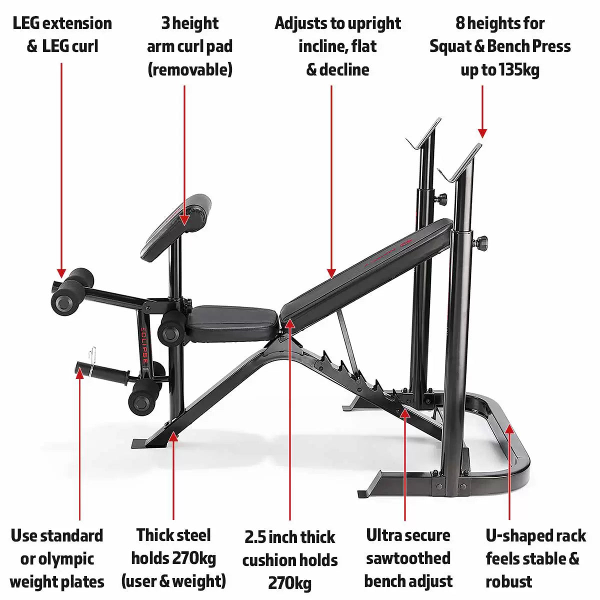 Marcy BE3000 Eclipse Adjustable Weight Bench & Squat Rack for home gym